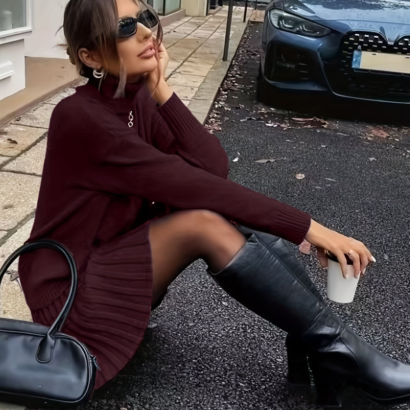 Wiesława™ | Dzianinowy Komplet z Golfem i Spódnicą Midi