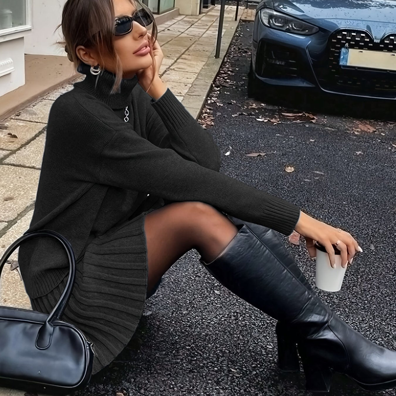 Wiesława™ | Dzianinowy Komplet z Golfem i Spódnicą Midi